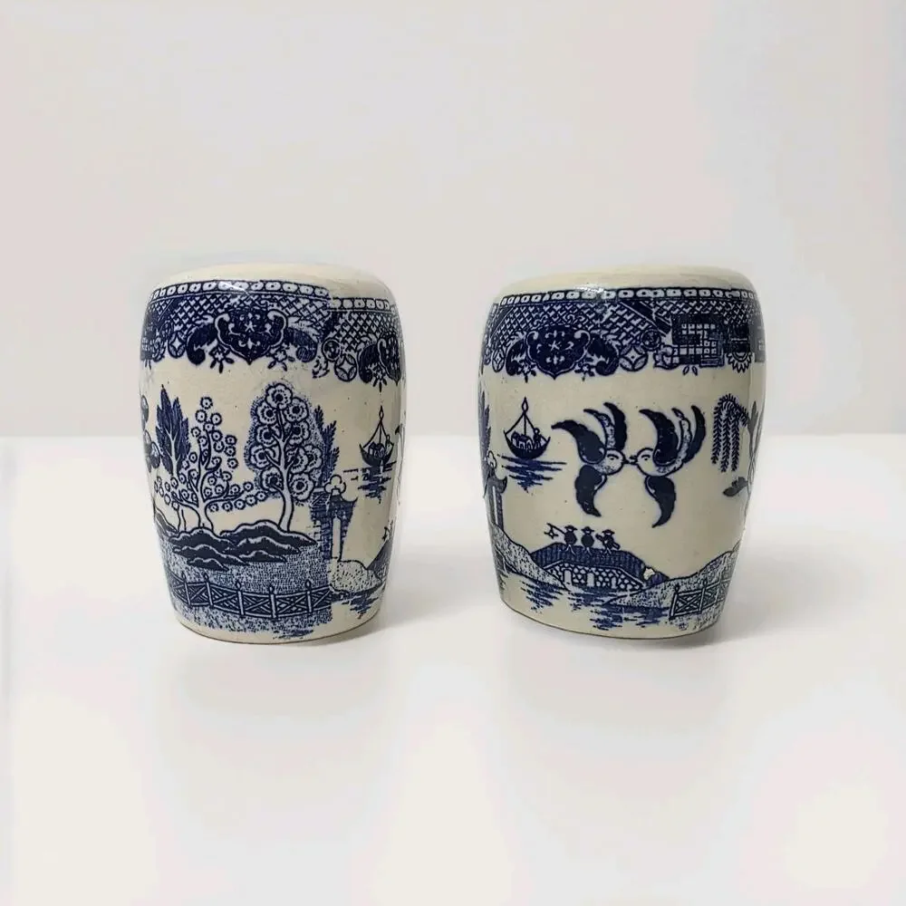 Vintage Blue Willow Salt and Pepper Shaker Set Odd Barrel Shape, Japan